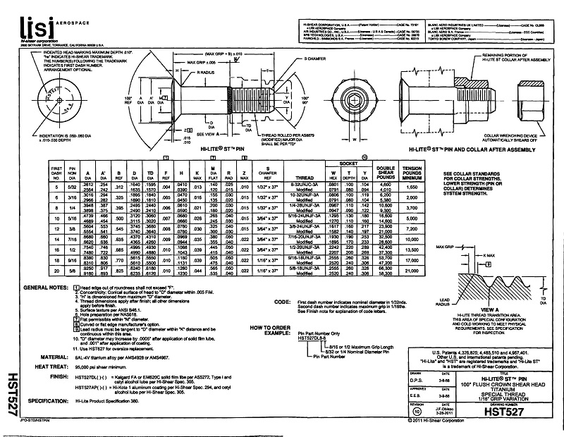 Hi Shear Fasteners - Hi-Lite Pins - HST527 - Shear Head